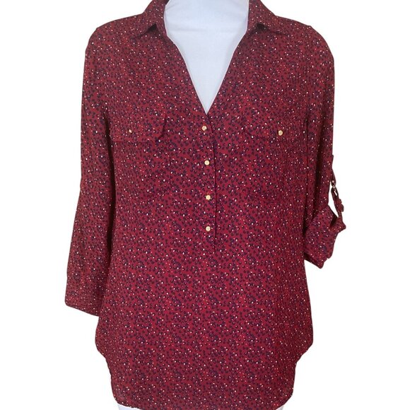 Skies Are Blue Roll Tab Sleeve V-Neck Burgundy Navy Button Front Blouse XS - Picture 1 of 8
